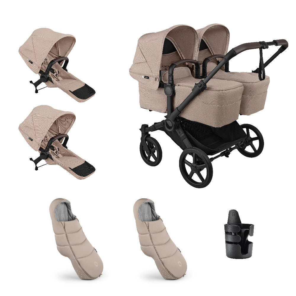 Bugaboo donkey twin pushchair and accessories in desert taupe beige.