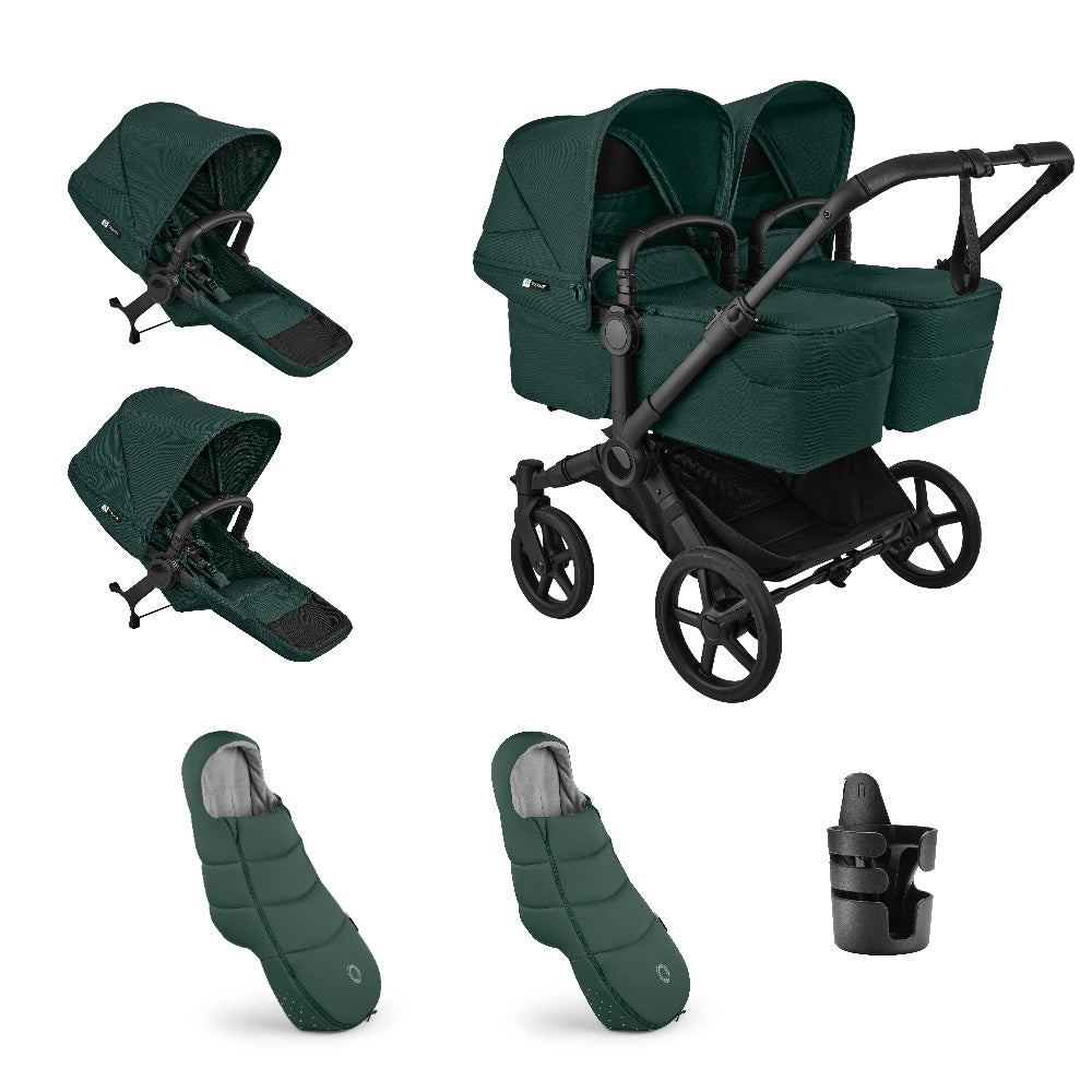 Bugaboo donkey twin pushchair and accessories in fern green.