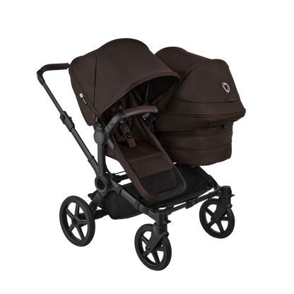 Donkey double pushchair in cocoa brown with matching accessories and cloud t car seat and base