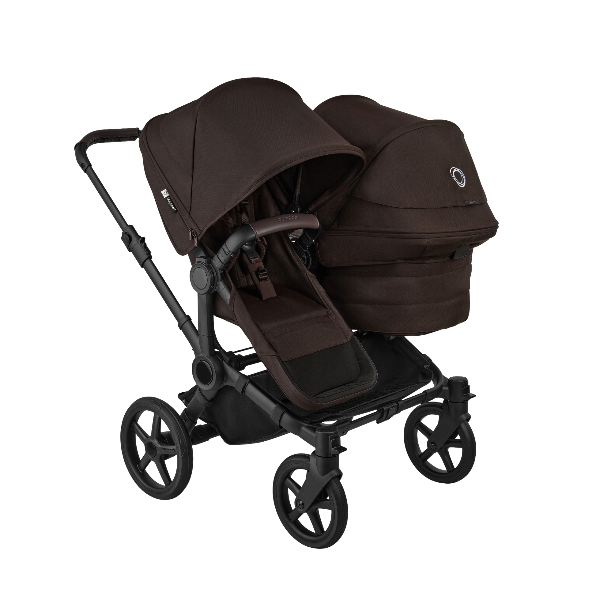 Donkey double pushchair in cocoa brown with matching accessories and atonB2 car seat and base