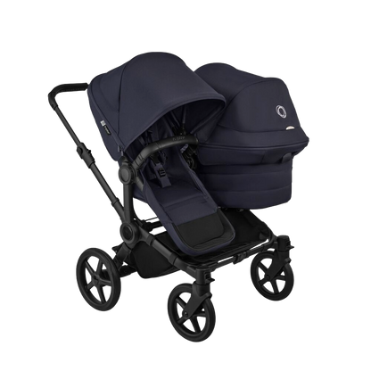 Donkey double pushchair in deep indigo navy with matching accessories and atonB2 car seat and base