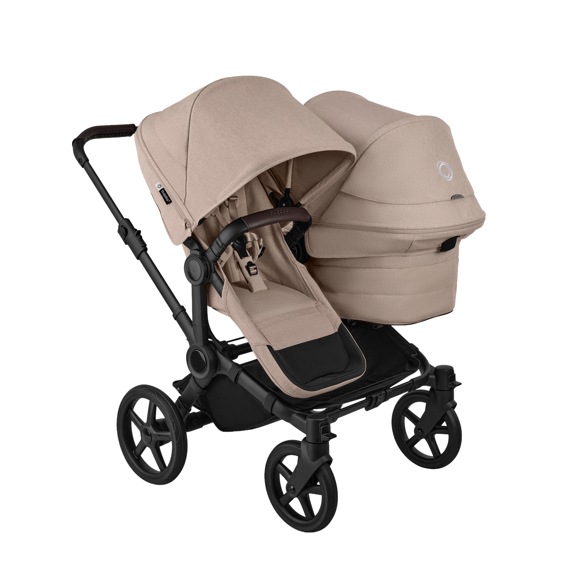 Donkey double pushchair in desert taupe beige with matching accessories and atonB2 car seat and base