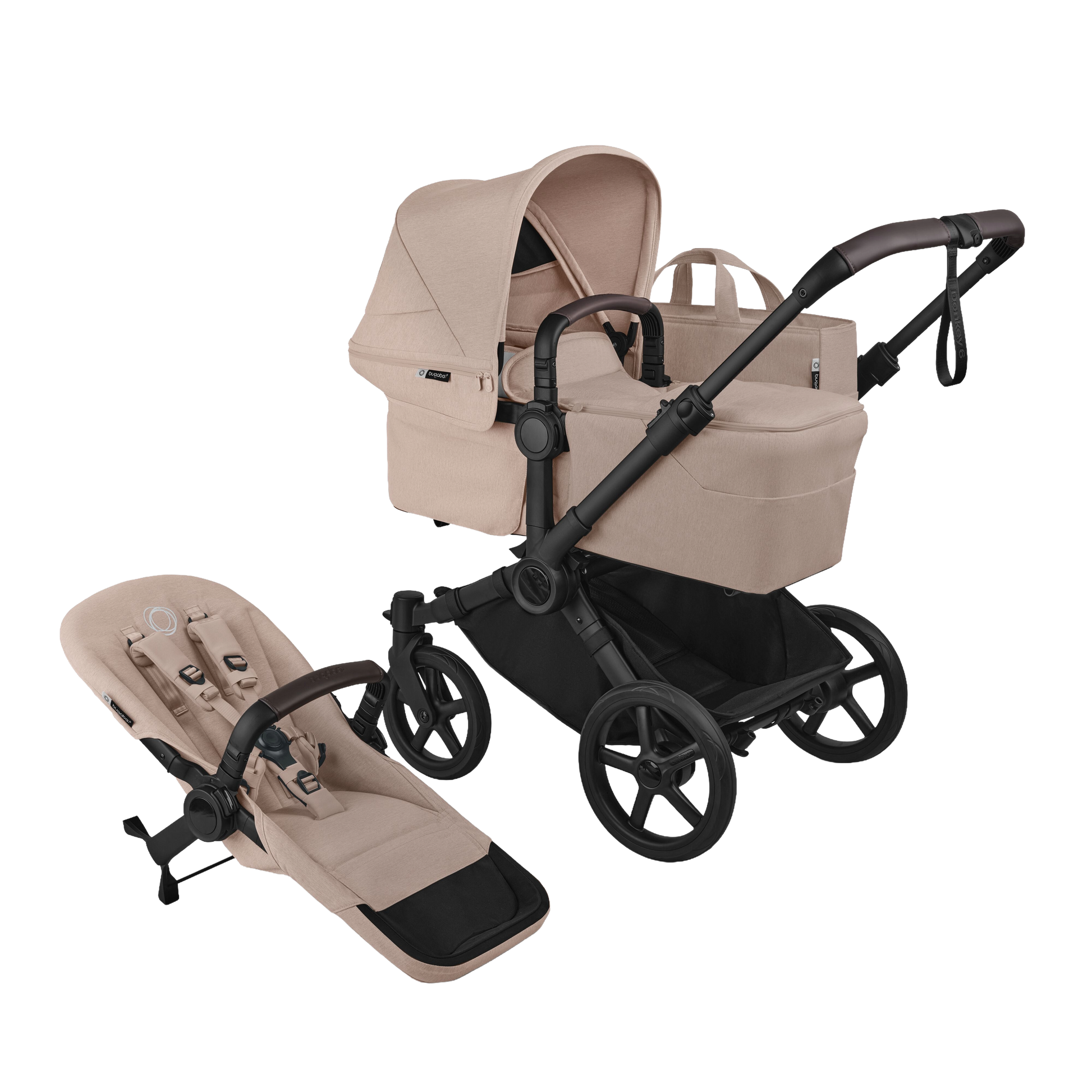 Donkey single pushchair and carrycot bundle in desert taupe beige with accessories and clout car seat and base.