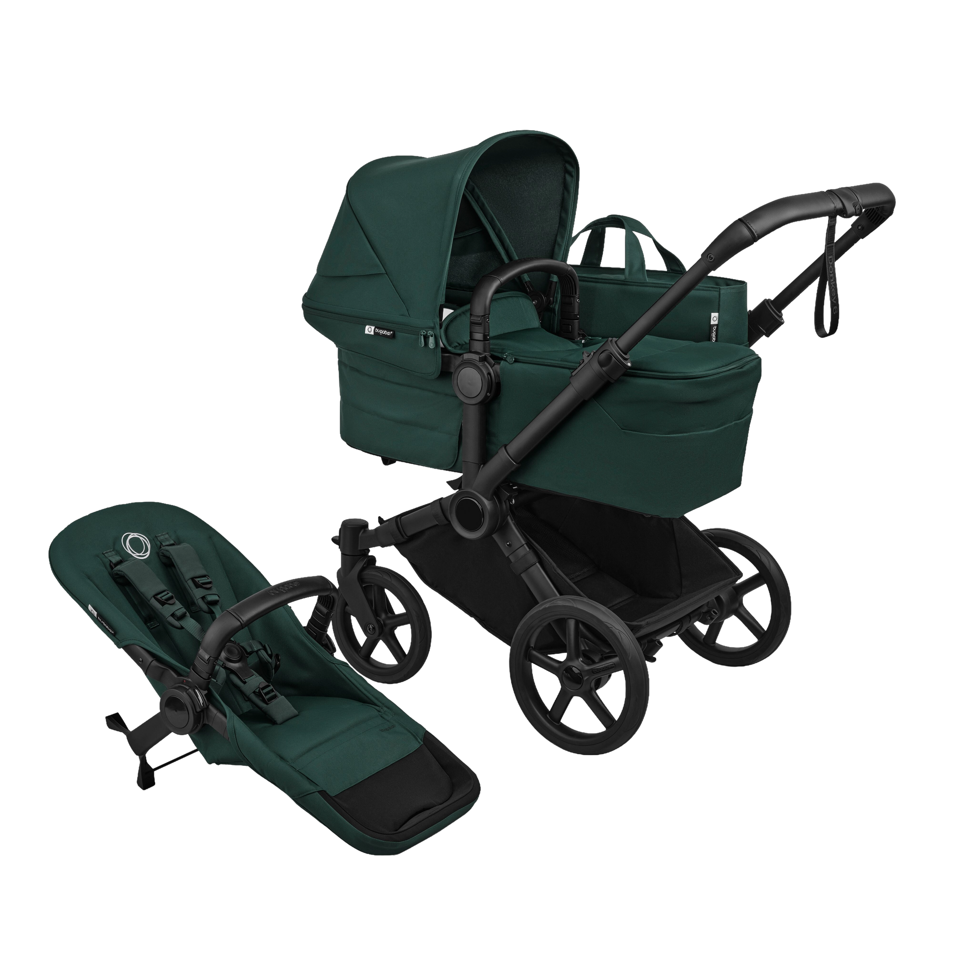 Donkey single pushchair and carrycot bundle in fern green with accessories and clout car seat and base.