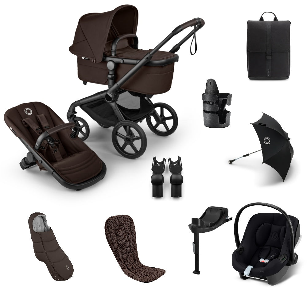 Bugaboo Fox 5  Renew Complete Bundle in cocoa brown colourway with cybex aton b2 car seat and base.