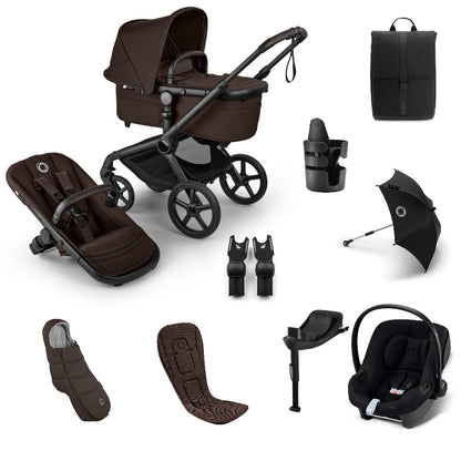 Bugaboo Fox 5  Renew Complete Bundle in cocoa brown colourway with cybex aton b2 car seat and base.