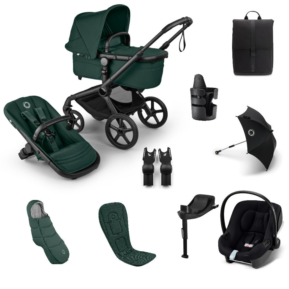 Bugaboo Fox 5  Renew Complete Bundle in fern green colourway with cybex aton b2 car seat and base.