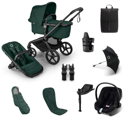 Bugaboo Fox 5  Renew Complete Bundle in fern green colourway with cybex aton b2 car seat and base.