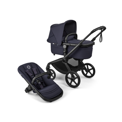 Bugaboo Fox 5 Renew pushchair and accessories in deep indigo navy colour, with cybex cloud s car seat and isofix base.