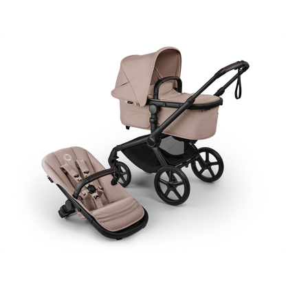 Bugaboo Fox 5 renew in desert taupe beige colour, with Cybex cloud S car seat and isofix base.