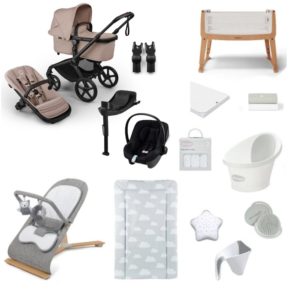 Bugaboo Pushchair & carrycot with accessories, complete with all babies essential including car seat, crib, bath and bath time accessories.