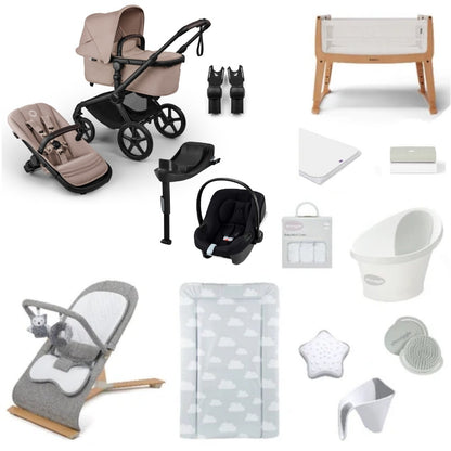 Bugaboo Pushchair & carrycot with accessories, complete with all babies essential including car seat, crib, bath and bath time accessories.