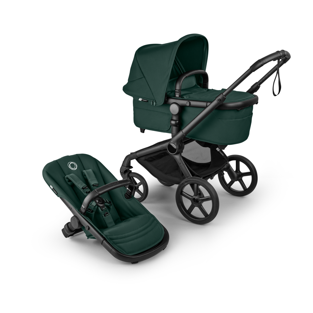 Bugaboo Fox 5 renew in fern dark green colour, with Cybex cloud S car seat and isofix base.