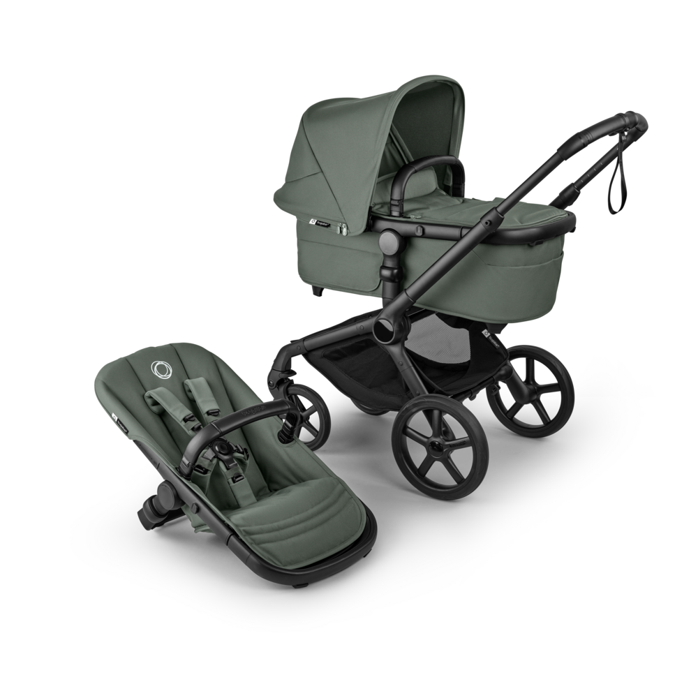 Bugaboo Fox 5 renew in forest green colour, with Cybex cloud S car seat and isofix base.