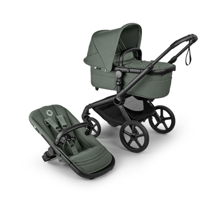 Bugaboo Fox 5 renew in forest green colour, with Cybex cloud S car seat and isofix base.