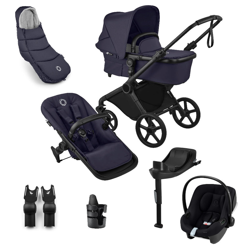 Bugaboo cub pushchair in deep indigo navy complete with matching accessories and atonb2 car seat and base.