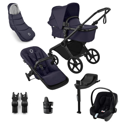 Bugaboo cub pushchair in deep indigo navy complete with matching accessories and atonb2 car seat and base.