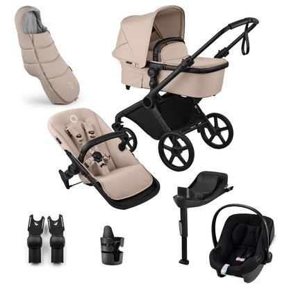 Bugaboo cub pushchair in desert taupe beige complete with matching accessories and atonb2 car seat and base.