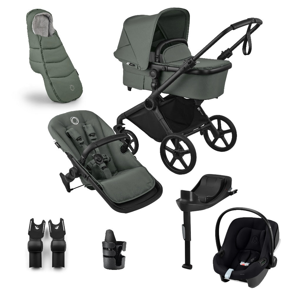 Bugaboo cub pushchair in forest green complete with matching accessories and atonb2 car seat and base.