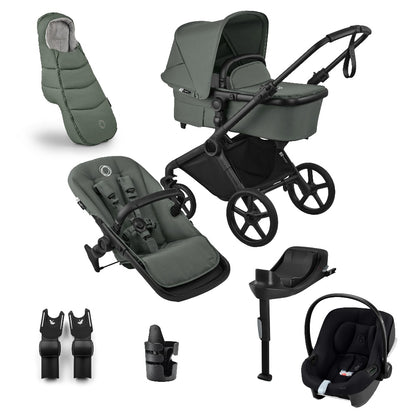 Bugaboo cub pushchair in forest green complete with matching accessories and atonb2 car seat and base.