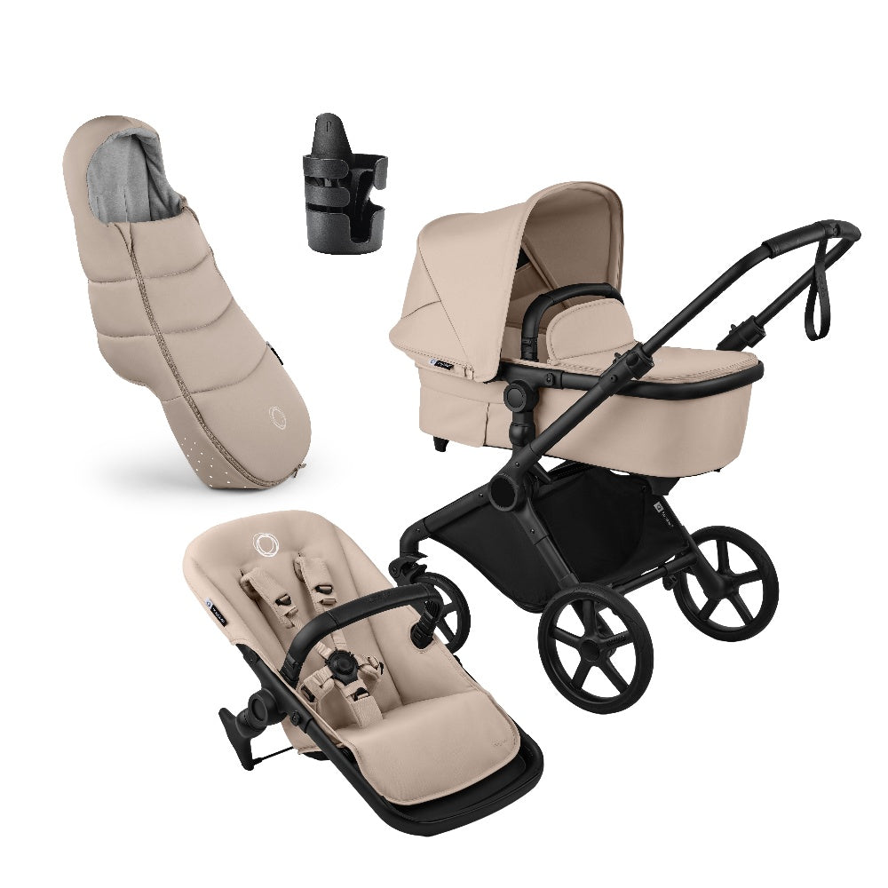 Cub pushchair in desert taupe beige with matching accessories.