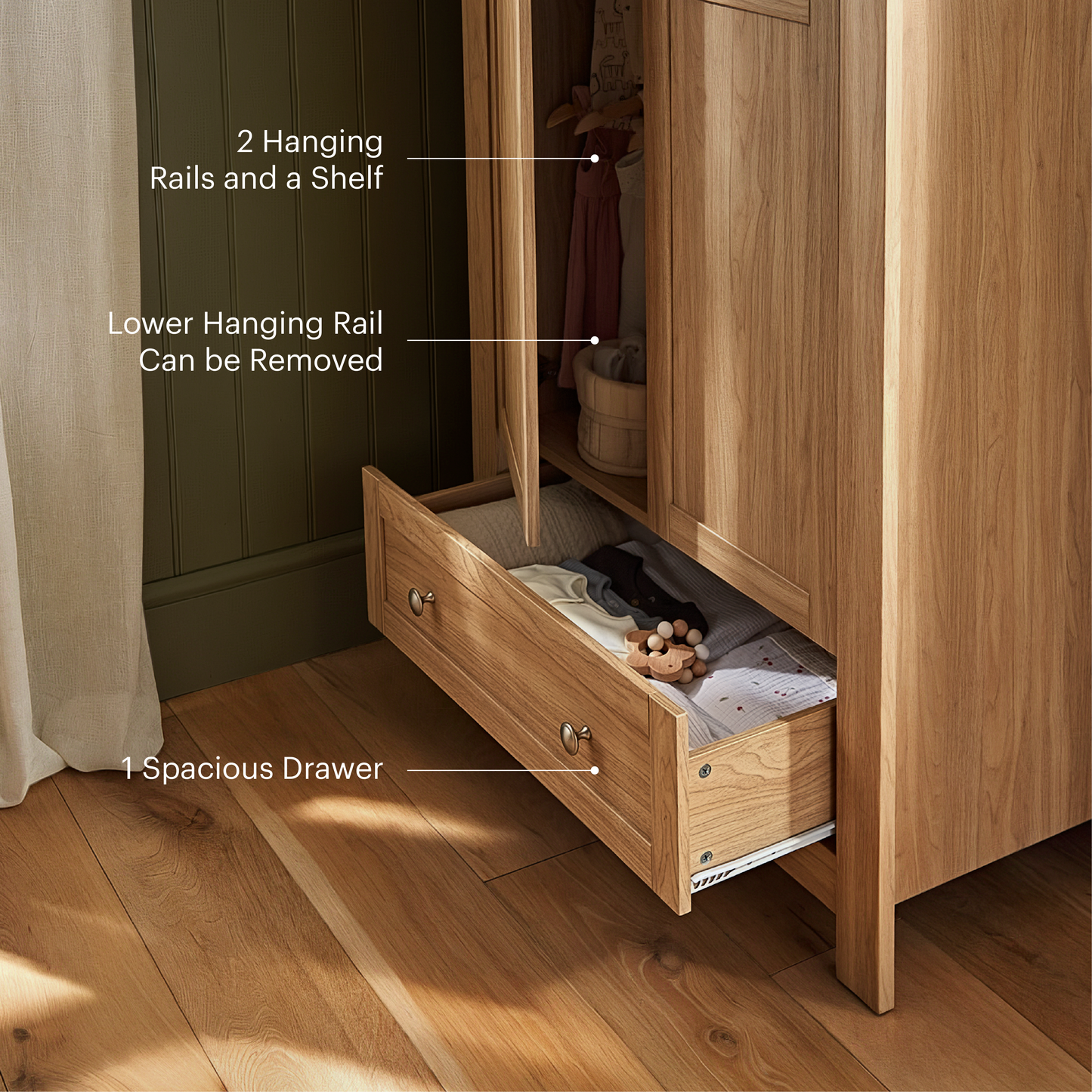 CuddleCo burford wardrobe with 2 doors and 1 drawer in oak colour.