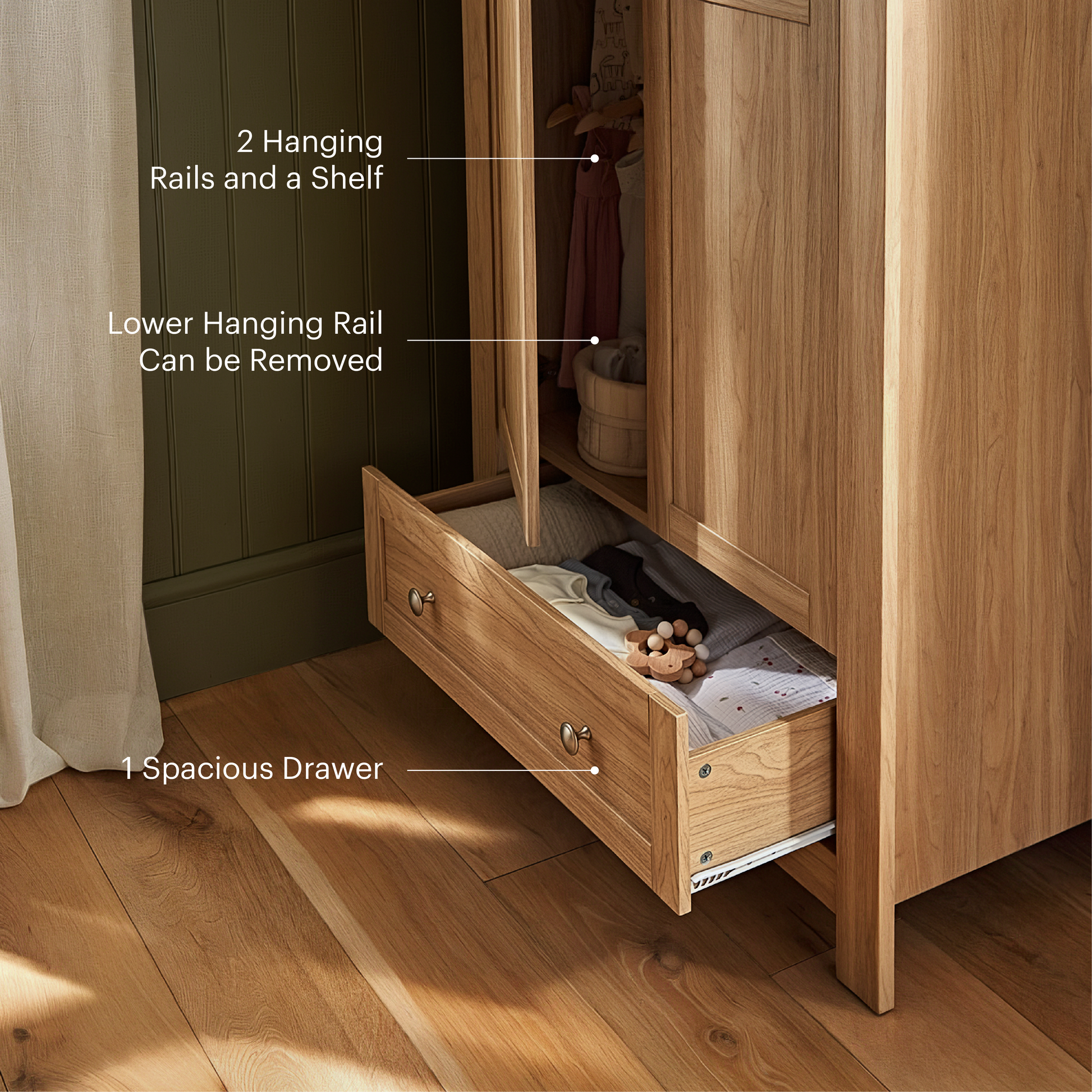 CuddleCo burford wardrobe with 2 doors and 1 drawer in oak colour.