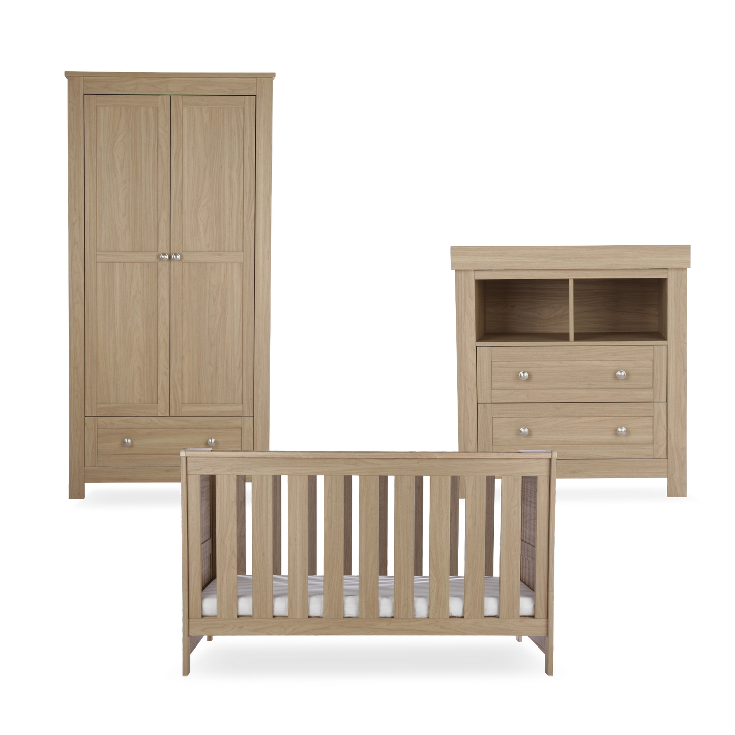 CuddleCo Burford 3 piece nursery furniture set in an oak finish. Mattress not included.