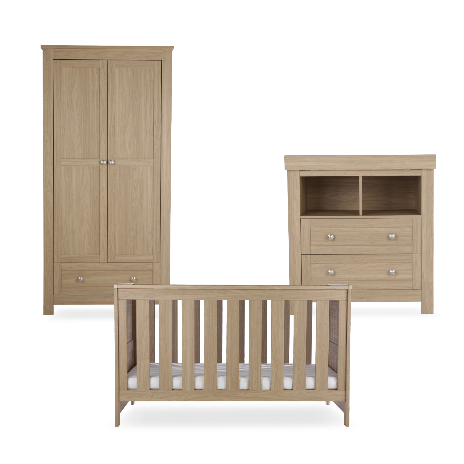 CuddleCo Burford 3 piece nursery furniture set in an oak finish. Mattress not included.