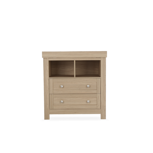 CuddleCo burford dresser with 2 drawers and a changing top in oak finish.
