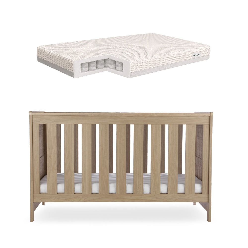 CuddleCo Burford cot bed in an oak finish, with CuddleCo signature pocket sprung  mattress.