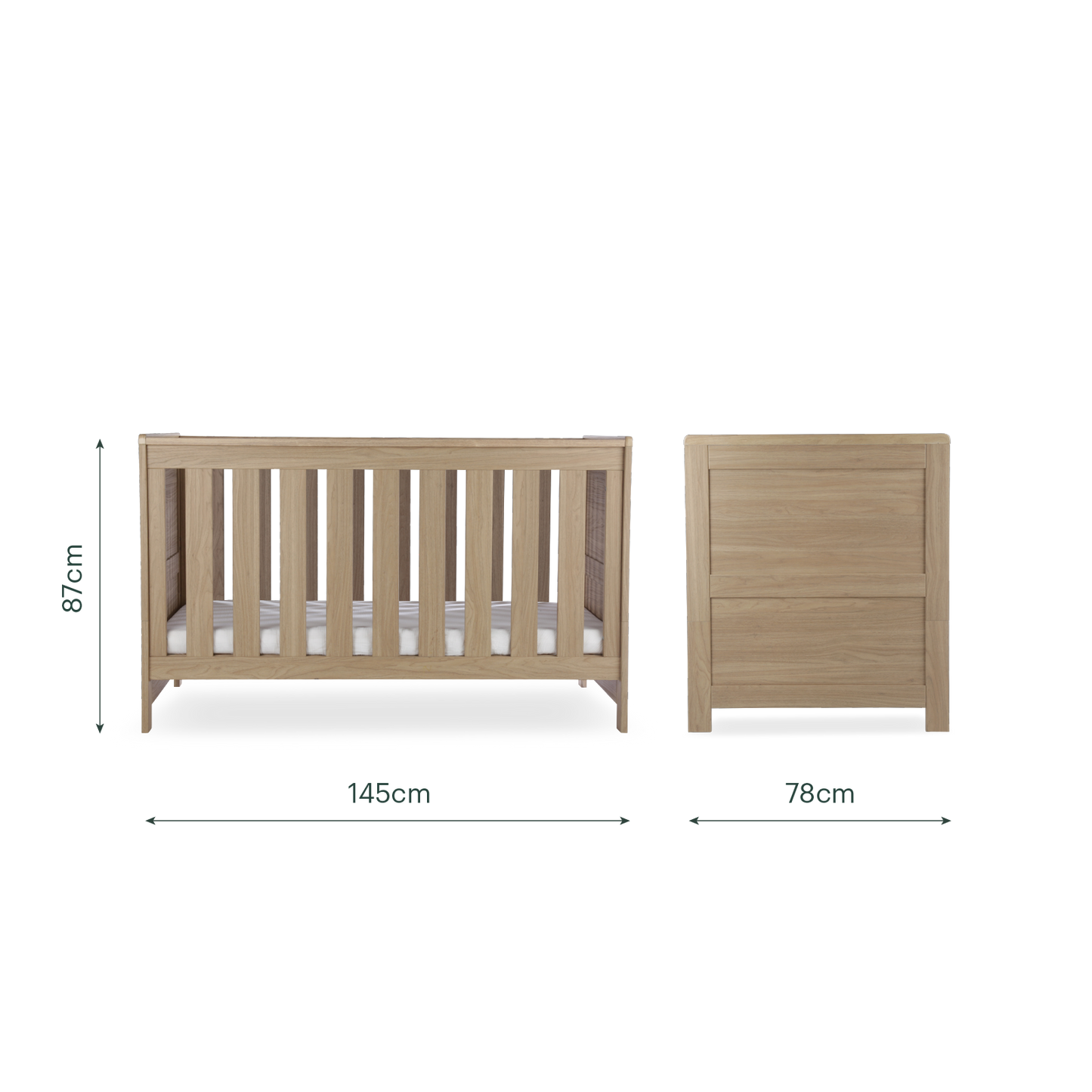 CuddleCo Burford cot bed in an oak finish.