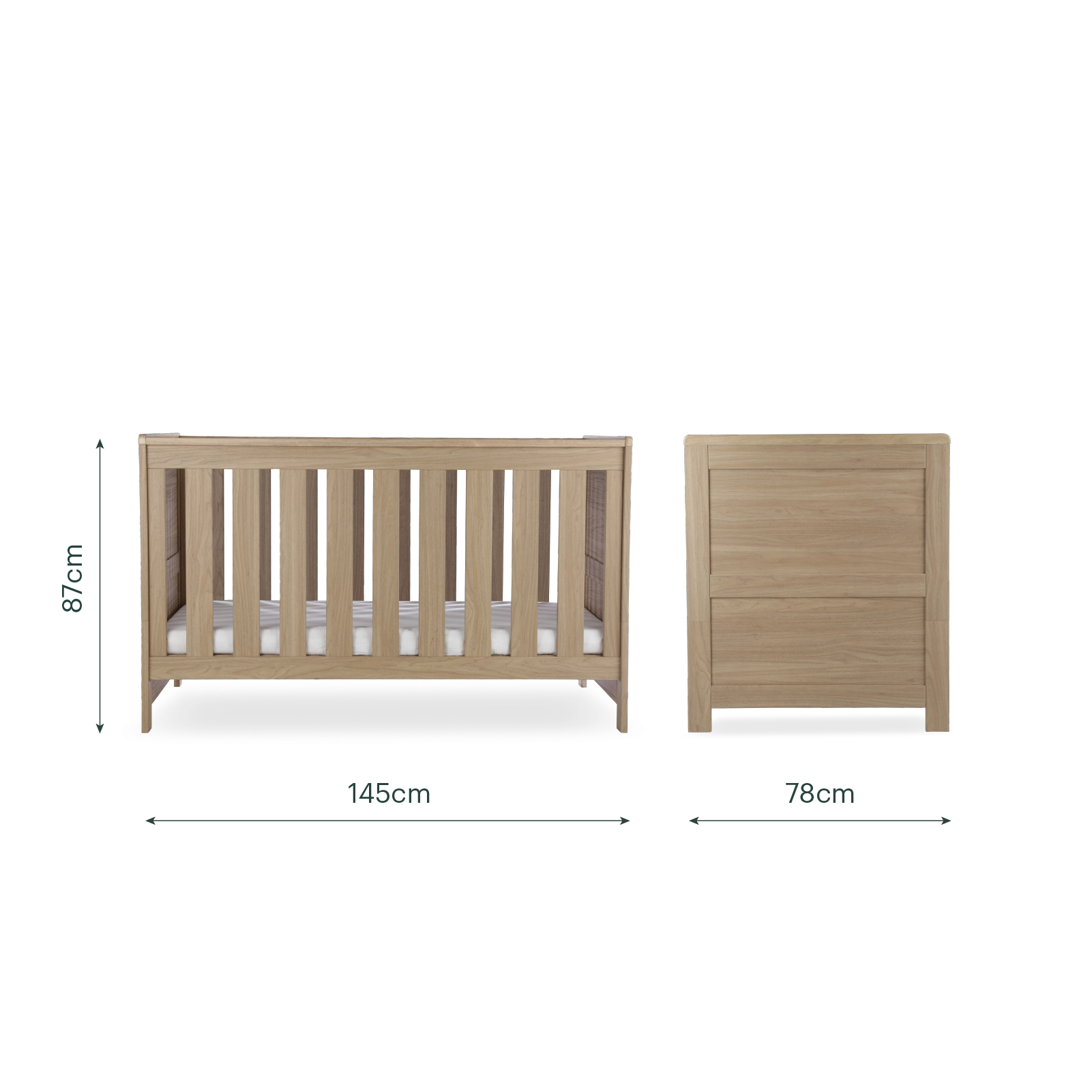 CuddleCo Burford cot bed in an oak finish.