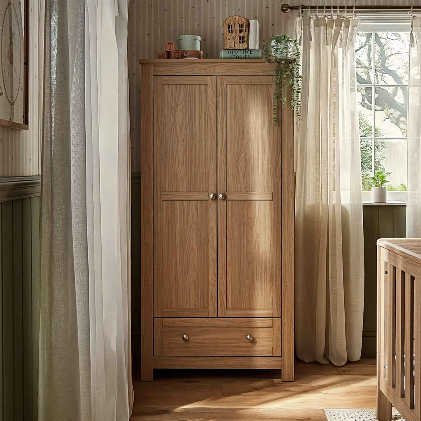 CuddleCo burford wardrobe with 2 doors and 1 drawer in oak colour.