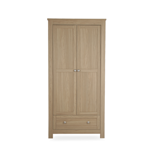 CuddleCo burford wardrobe with 2 doors and 1 drawer in oak colour.