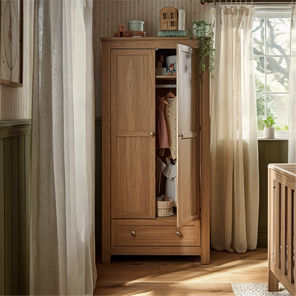 CuddleCo burford wardrobe with 2 doors and 1 drawer in oak colour.
