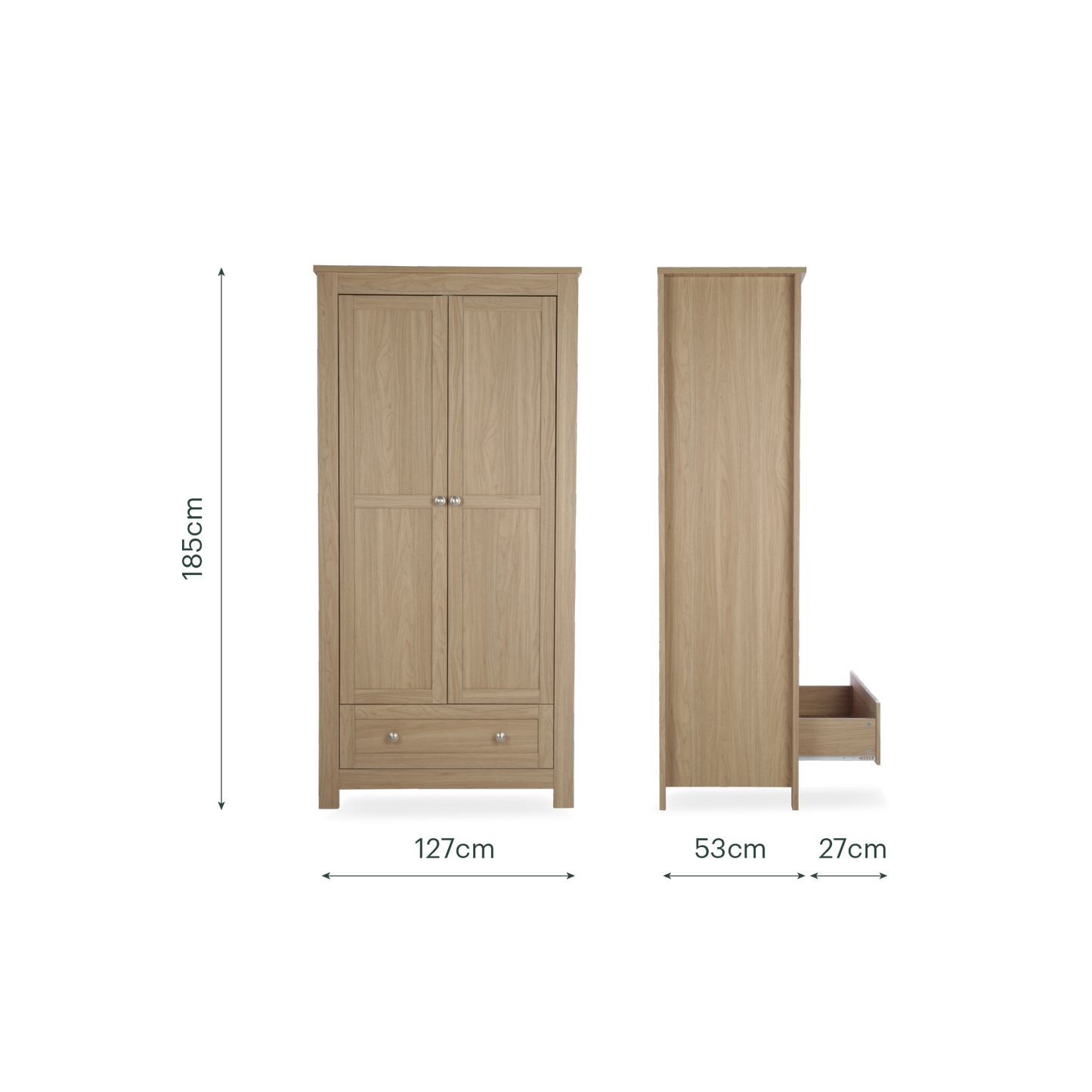 CuddleCo burford wardrobe with 2 doors and 1 drawer in oak colour.