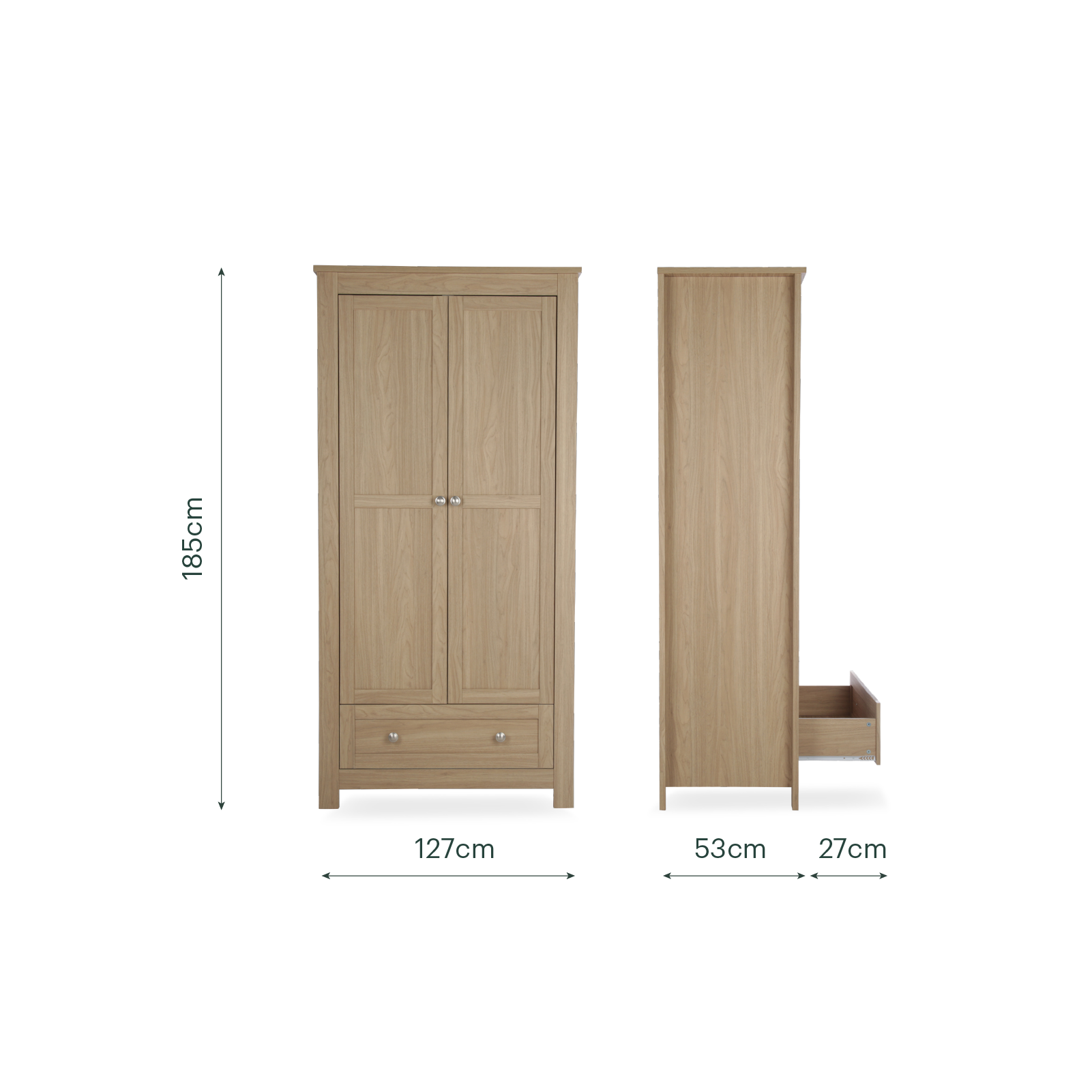 CuddleCo burford wardrobe with 2 doors and 1 drawer in oak colour.