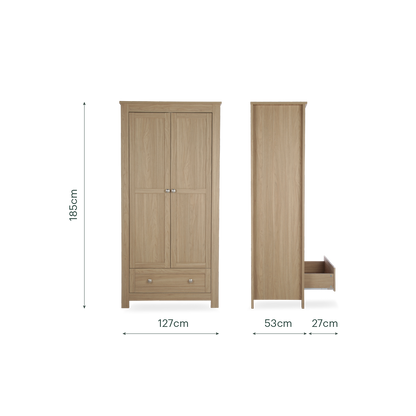 CuddleCo burford wardrobe with 2 doors and 1 drawer in oak colour.