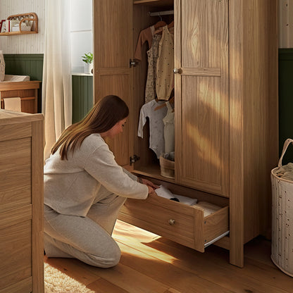 CuddleCo burford wardrobe with 2 doors and 1 drawer in oak colour.