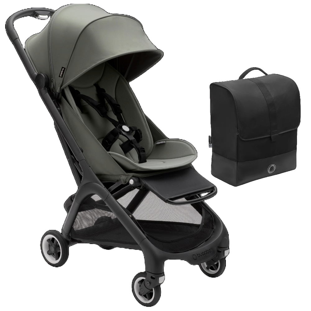 Bugaboo pushchair in Forest Green with travel bag.