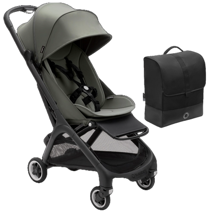 Bugaboo pushchair in Forest Green with travel bag.