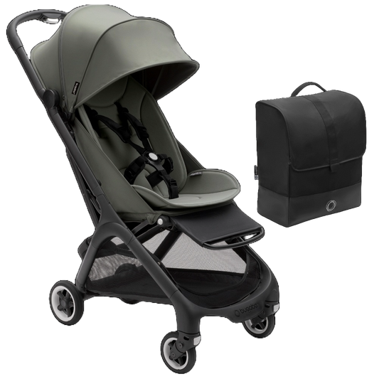 Bugaboo pushchair in Forest Green with travel bag.