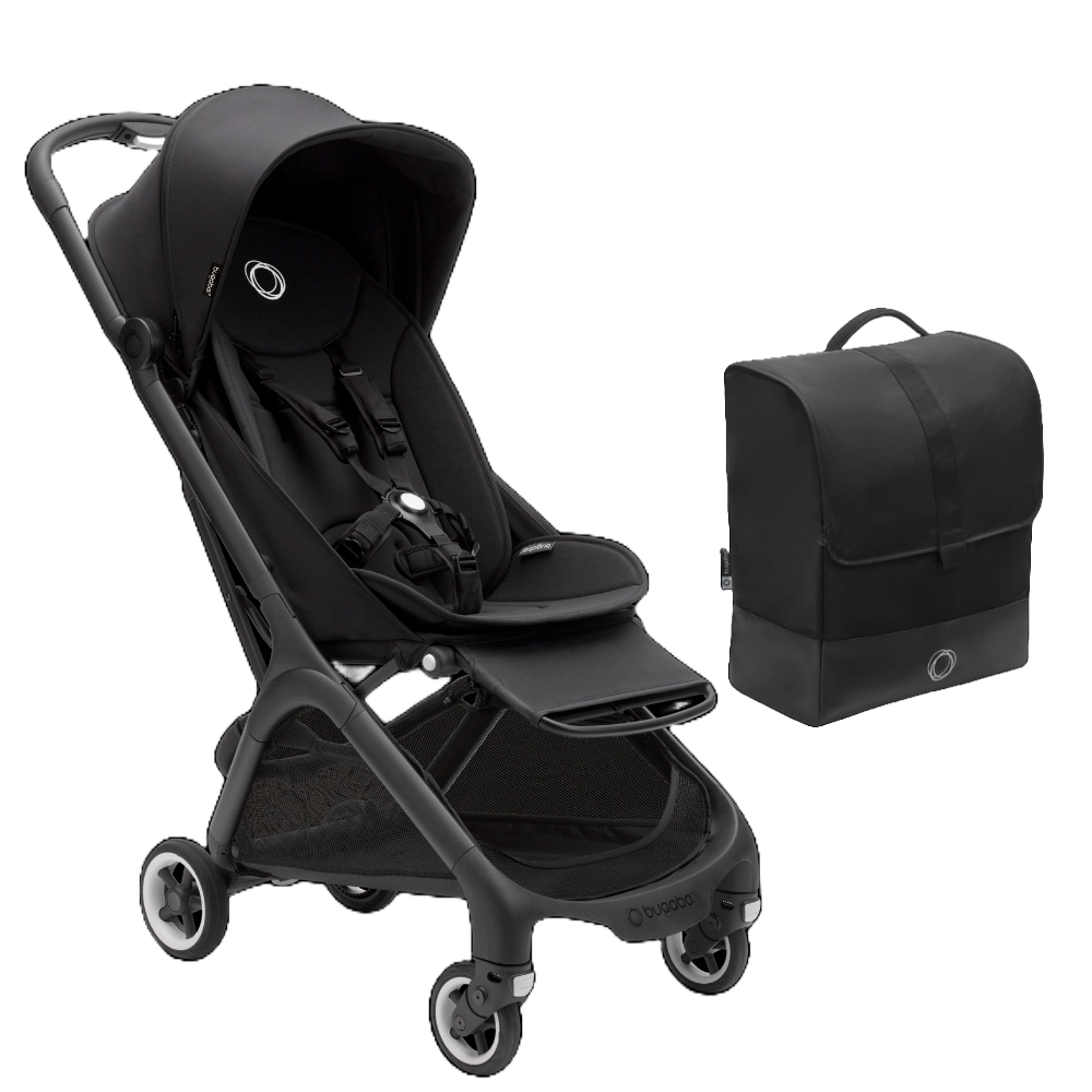 Bugaboo pushchair in midnight black with travel bag.