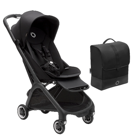 Bugaboo pushchair in midnight black with travel bag.