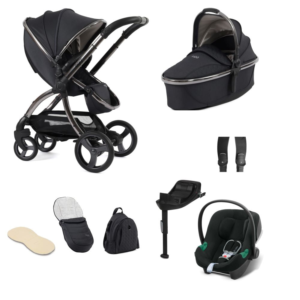 Egg 3 stroller in carbonite including an aton b2 car seat and base and accessories