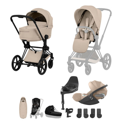 Cybex Priam comfort collection pushchair, carrycot and footmuff in cozy beige colourway on a matt black chassis, complete with cloud t car seat & base. 
