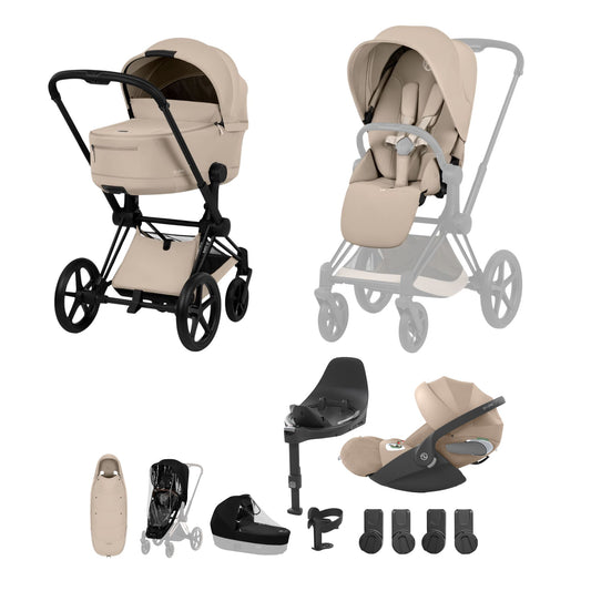 Cybex Priam comfort collection pushchair, carrycot and footmuff in cozy beige colourway on a matt black chassis, complete with cloud t car seat & base. 