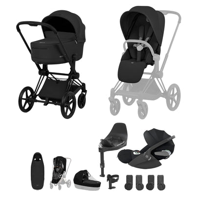 Cybex Priam comfort collection pushchair, carrycot and footmuff in sepia black colourway on a matt black chassis, complete with cloud t car seat & base. 