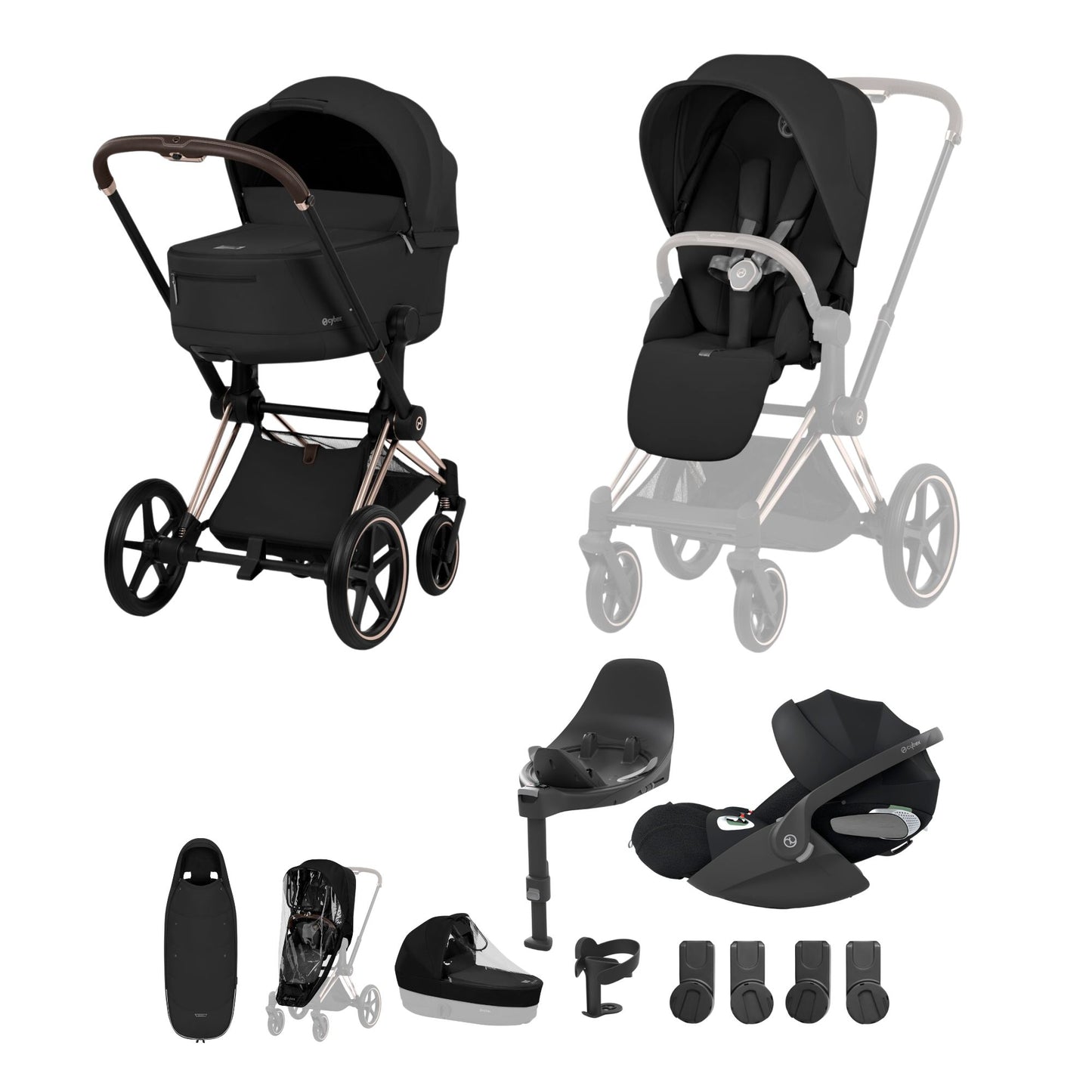 Cybex Priam comfort collection pushchair, carrycot and footmuff in sepia black colourway on a rose gold chassis, complete with cloud t car seat & base. 